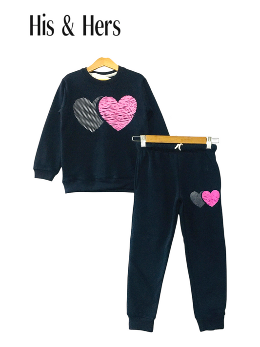 Heart Print Black Tracksuit Girls 002